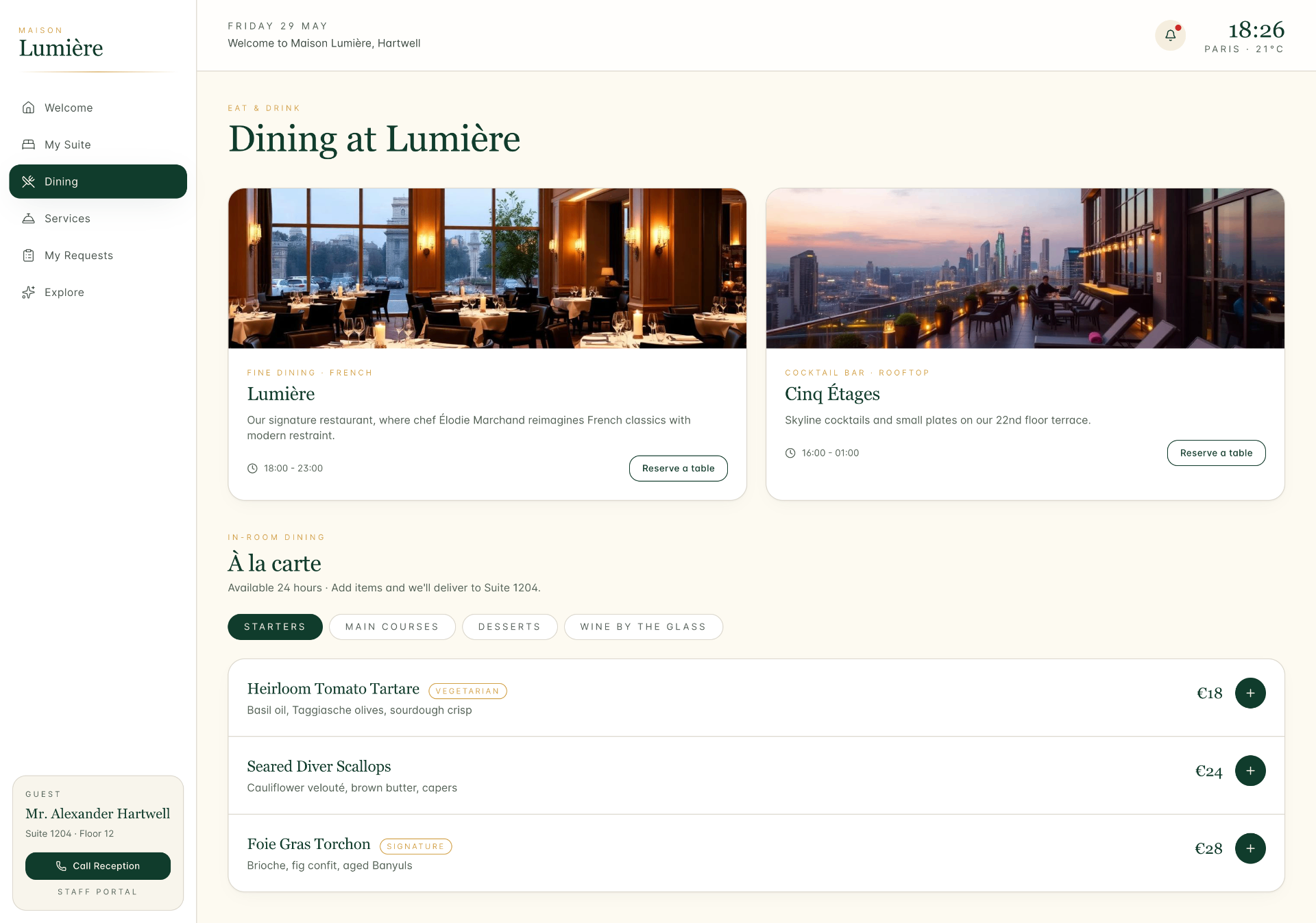 Avelle guest app - Dining & reservations