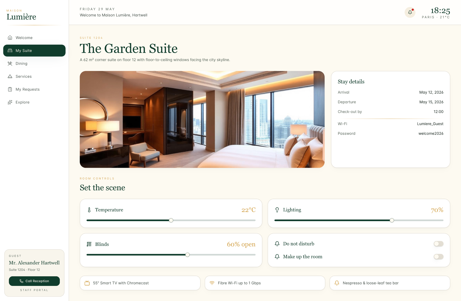 Avelle guest app - In-suite controls